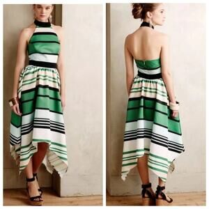Anthropologie Troubadour Candymint Green Stripe Halter Asymmetrical Dress 8